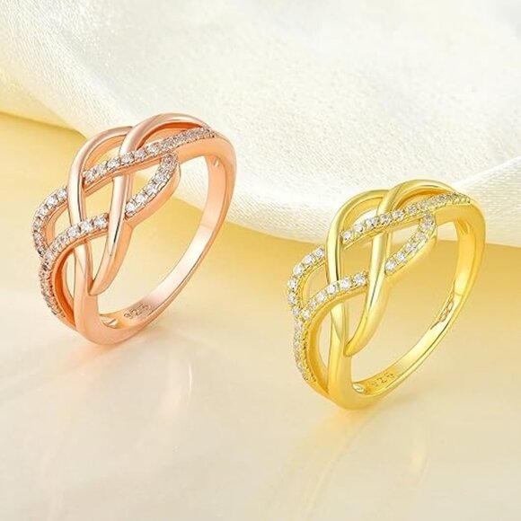 YL Celtic Knot Twisted Knot Ring Birthstone Infinity Rings- Zirconia - Rose Gold - Picture 4 of 5